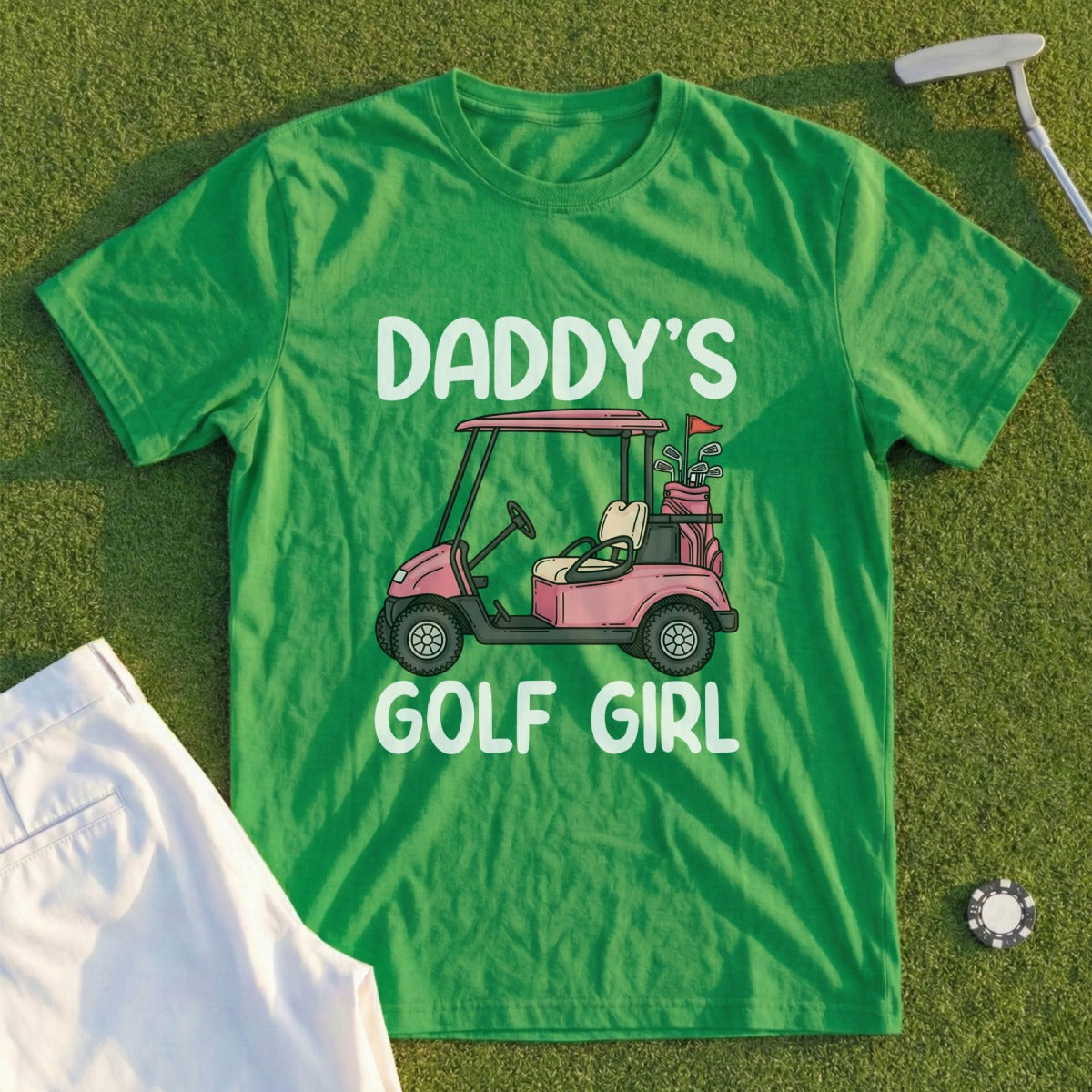 Green t-shirt with "DADDY'S GOLF GIRL" text and pink golf cart graphic.