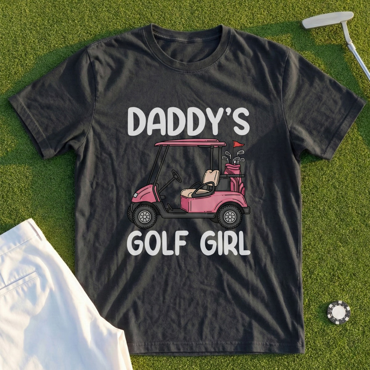 Black t-shirt with "Daddy's Golf Girl" and a pink golf cart graphic.