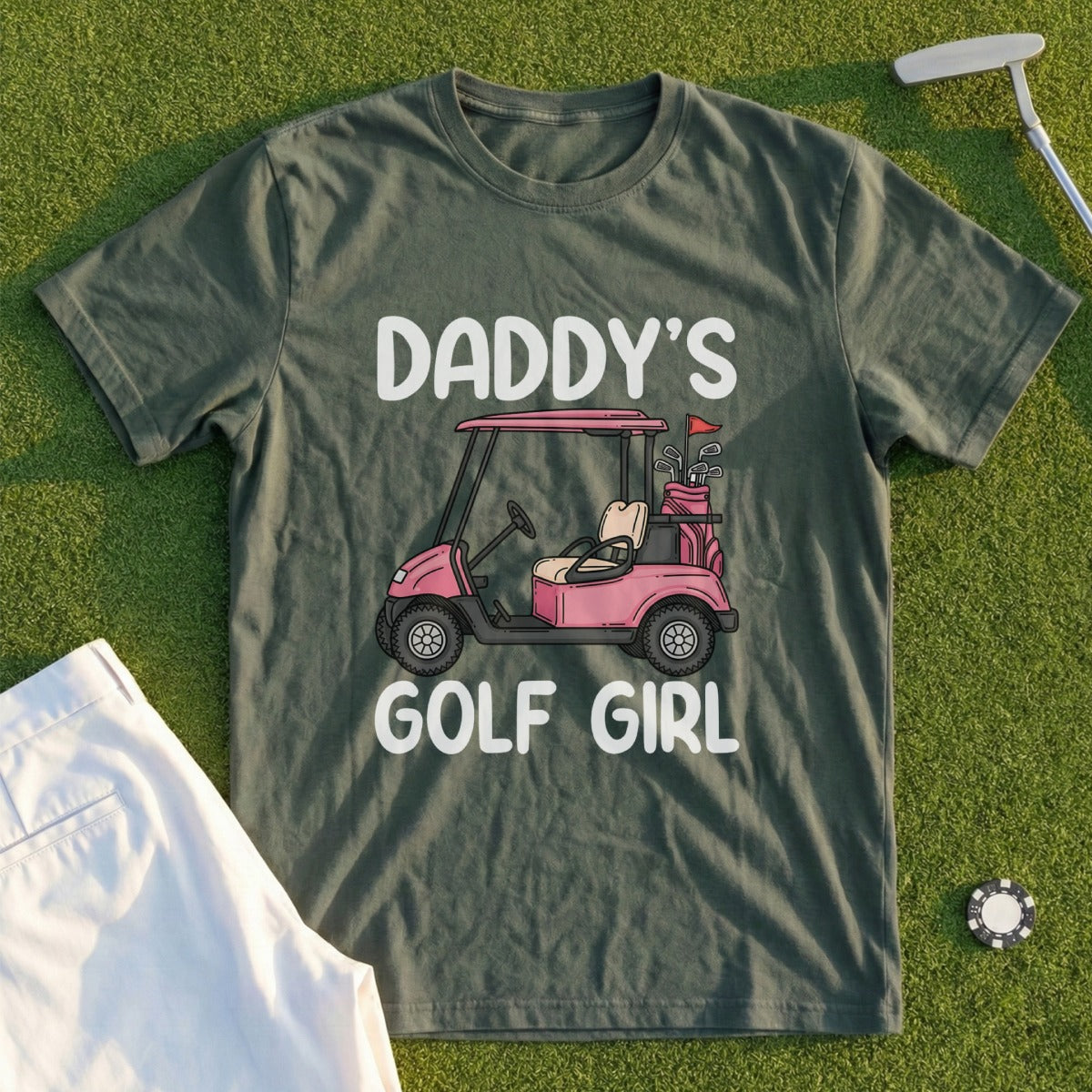 Green t-shirt with "DADDY'S GOLF GIRL" and cartoon golf cart.