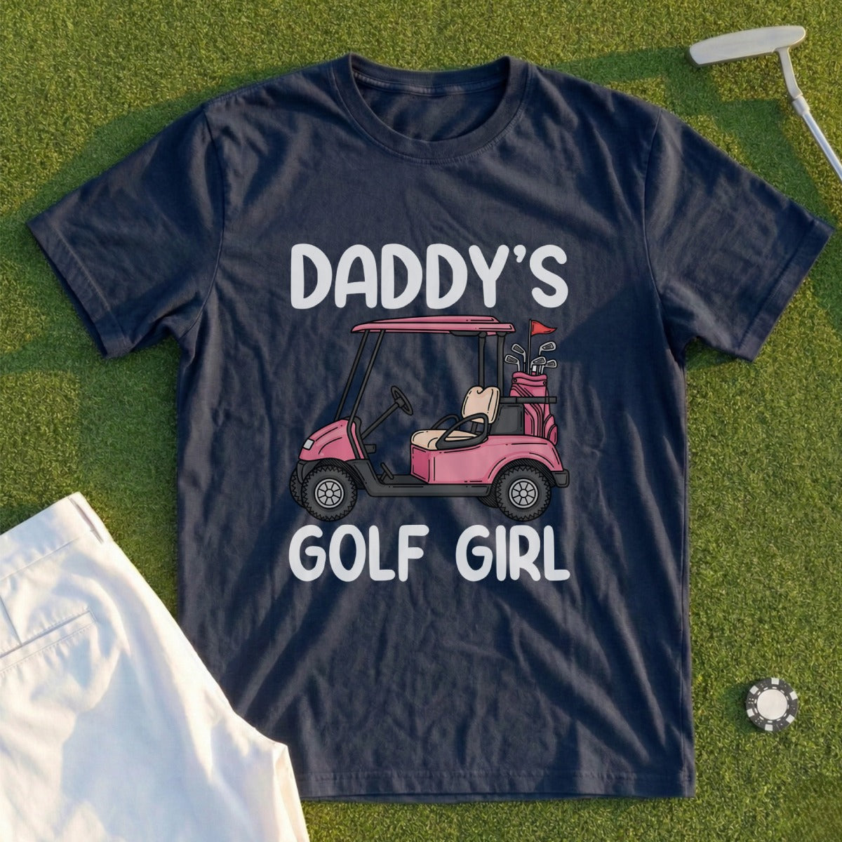 Navy t-shirt with pink golf cart and "Daddy's Golf Girl" text.