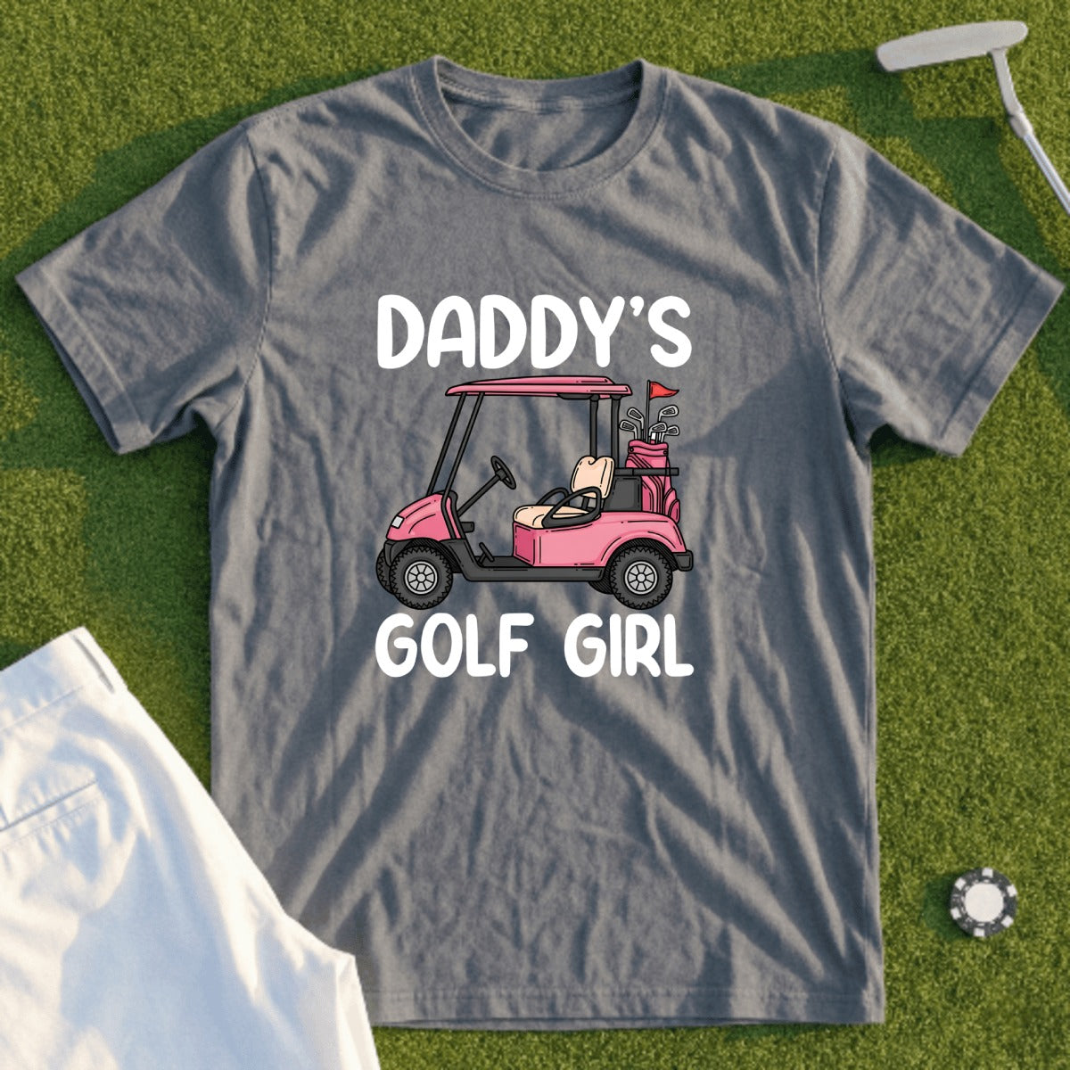 Grey t-shirt with "DADDY'S GOLF GIRL" and a pink golf cart graphic.