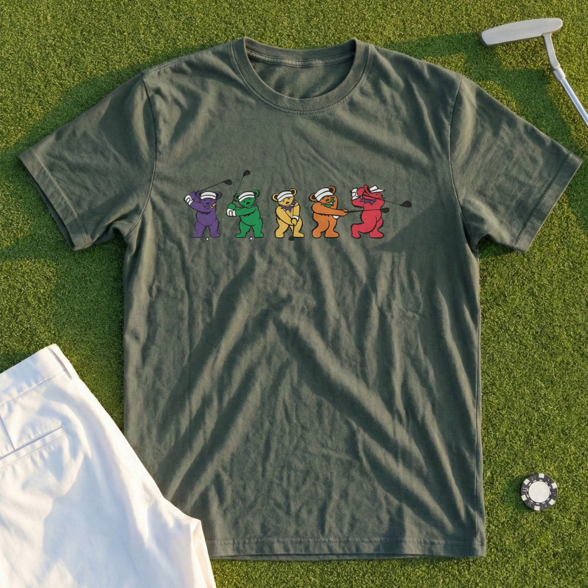 Green t-shirt with dancing bears playing golf in colorful outfits.