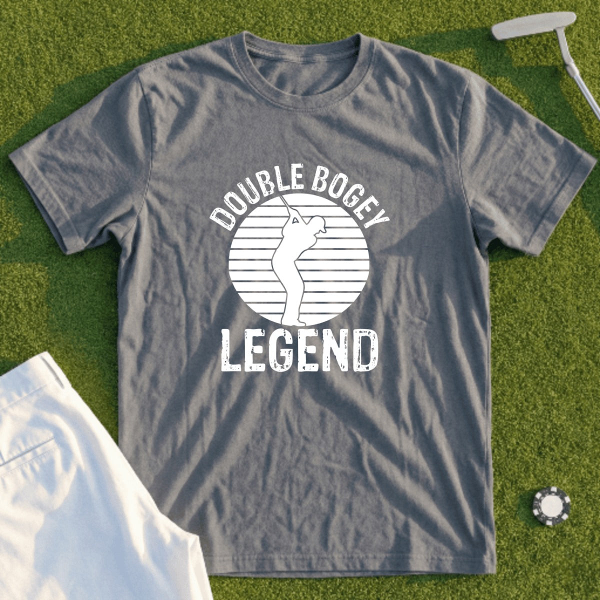 Grey t-shirt with "Double Bogey Legend" text and golfer graphic.