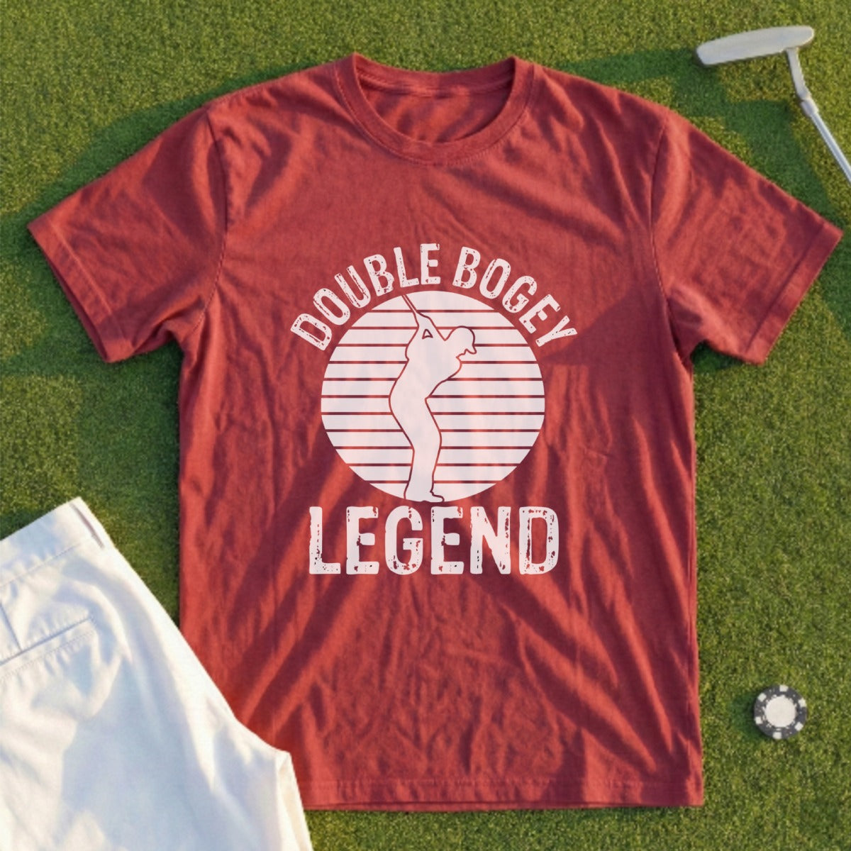 Red t-shirt with "Double Bogey Legend" text and a golfer silhouette.