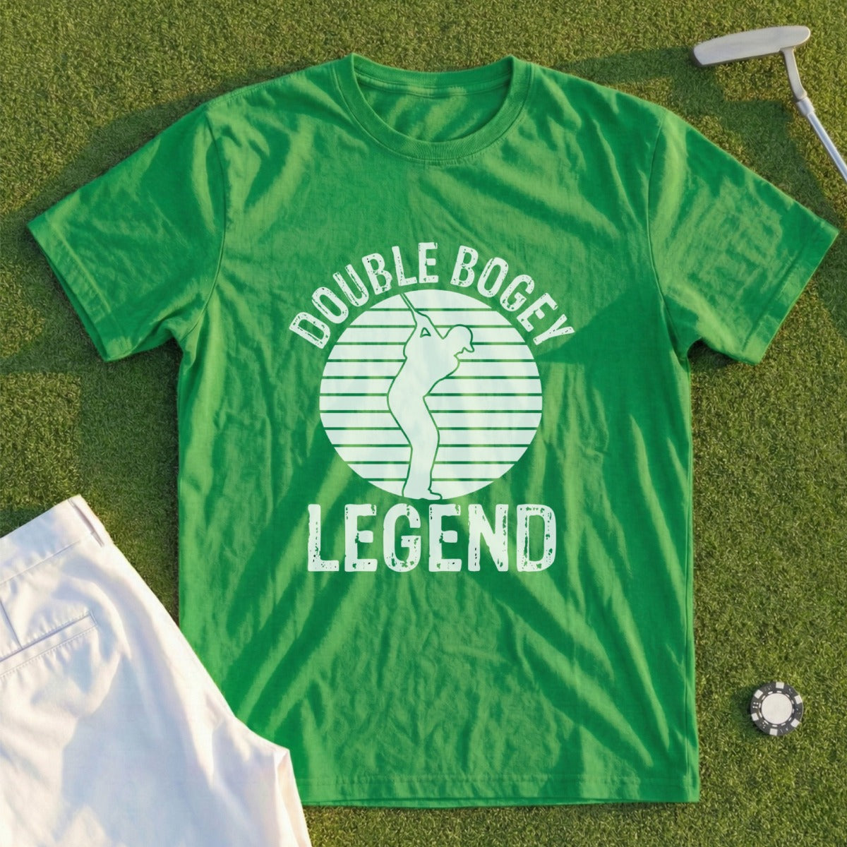 Green t-shirt with "Double Bogey Legend" and golfer graphic.