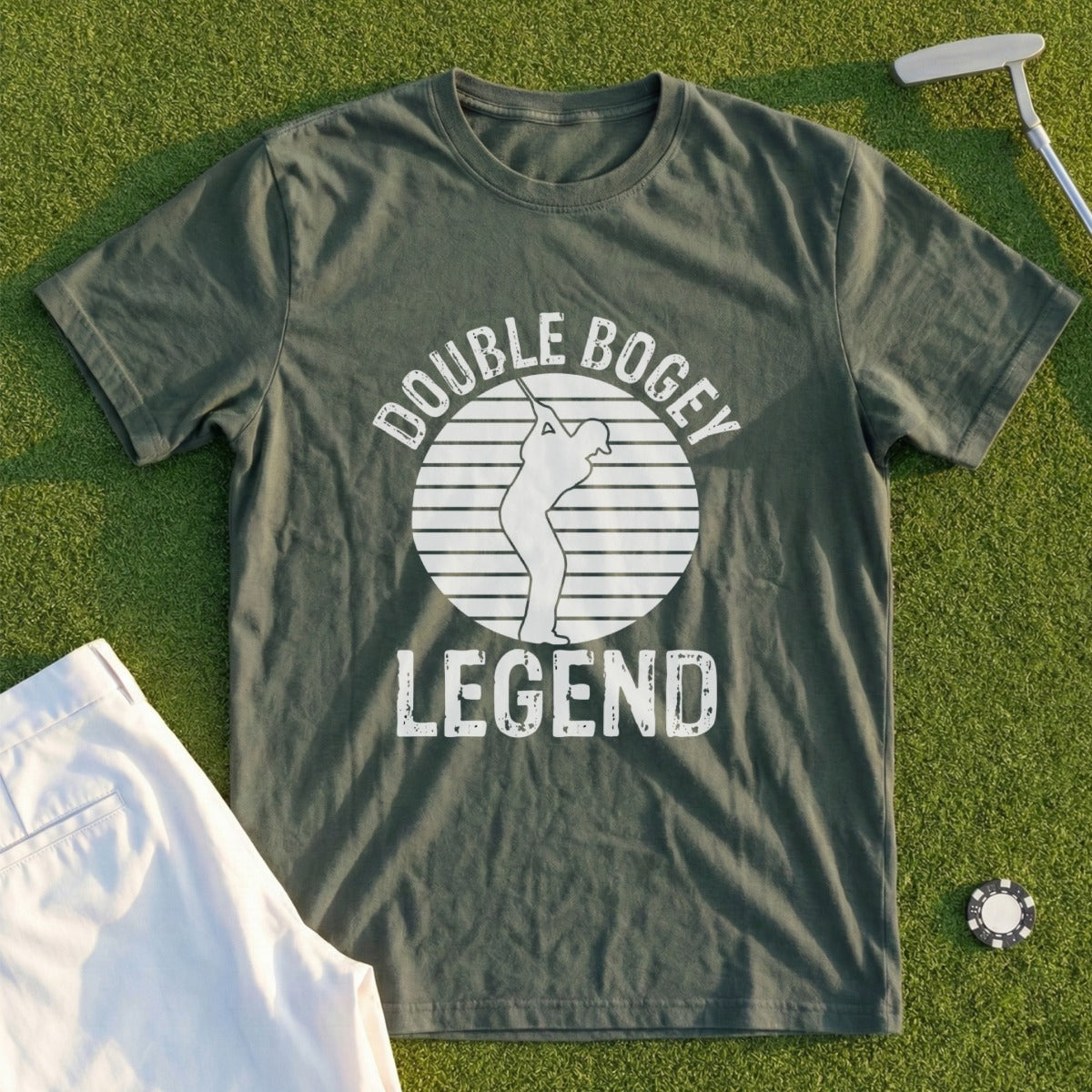 Green t-shirt with "Double Bogey Legend" text and golfer graphic.