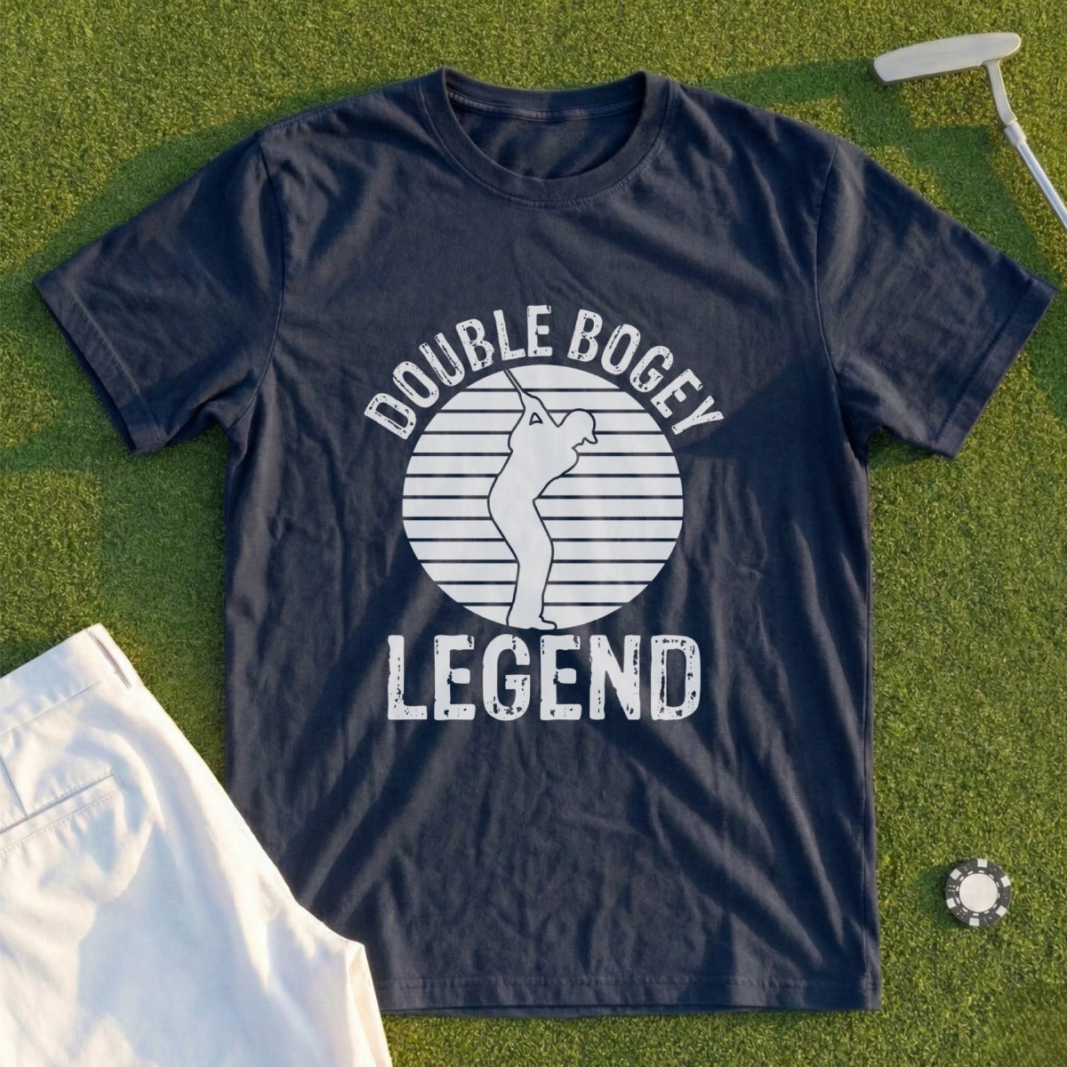 Navy t-shirt with "Double Bogey Legend" text and golfer graphic.