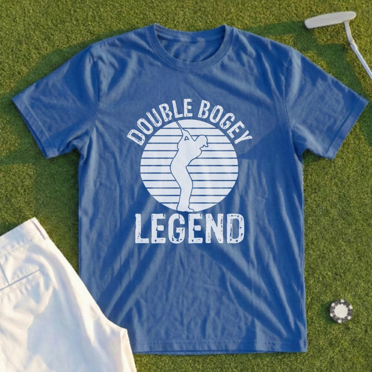 Blue t-shirt with "Double Bogey Legend" text and golfer silhouette.