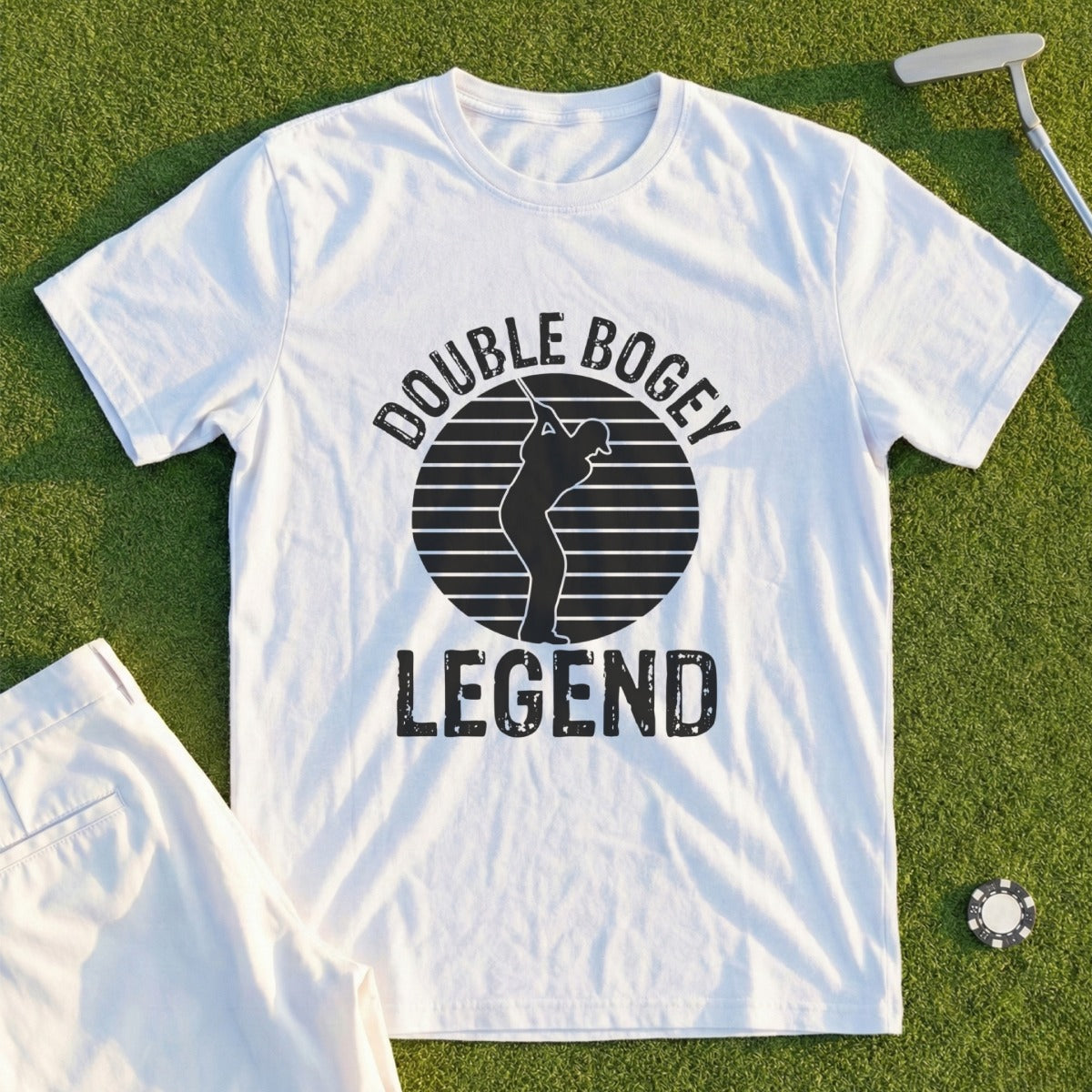 White t-shirt with "Double Bogey Legend" text and golfer silhouette.