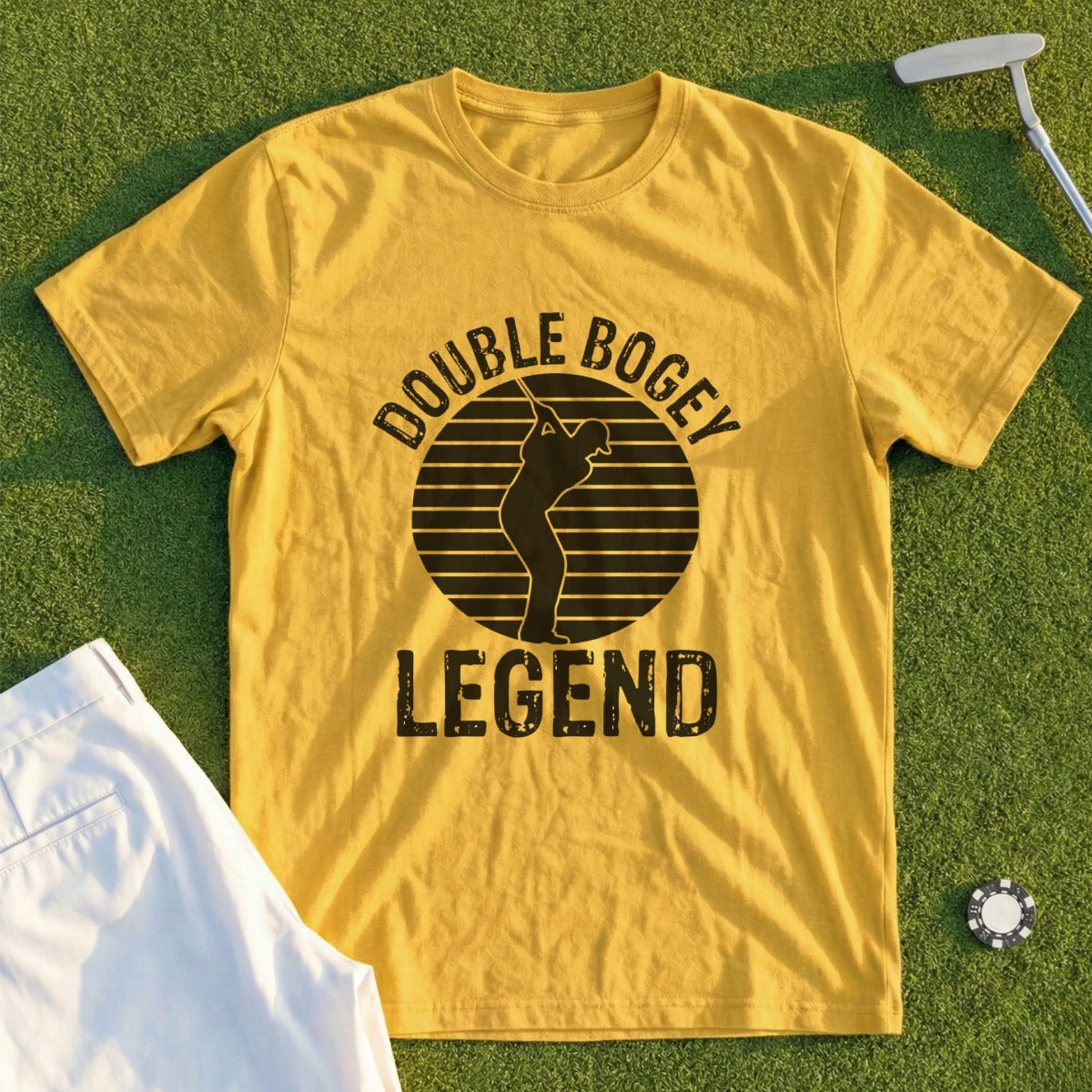 Yellow t-shirt with "Double Bogey Legend" graphic and golfer silhouette.