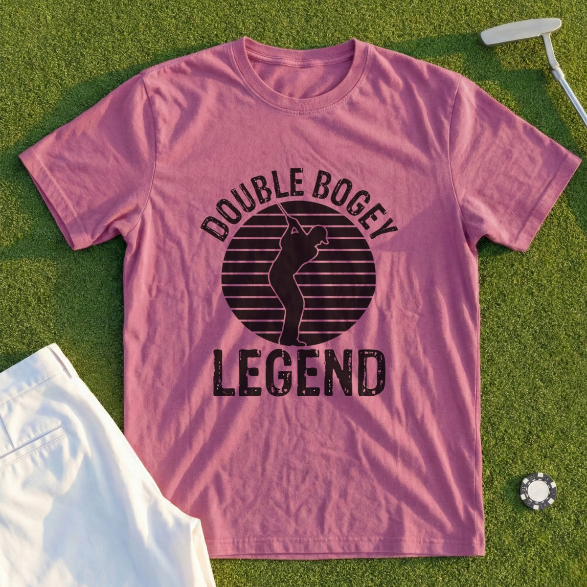 Rose t-shirt with "Double Bogey Legend" text and golfer silhouette.