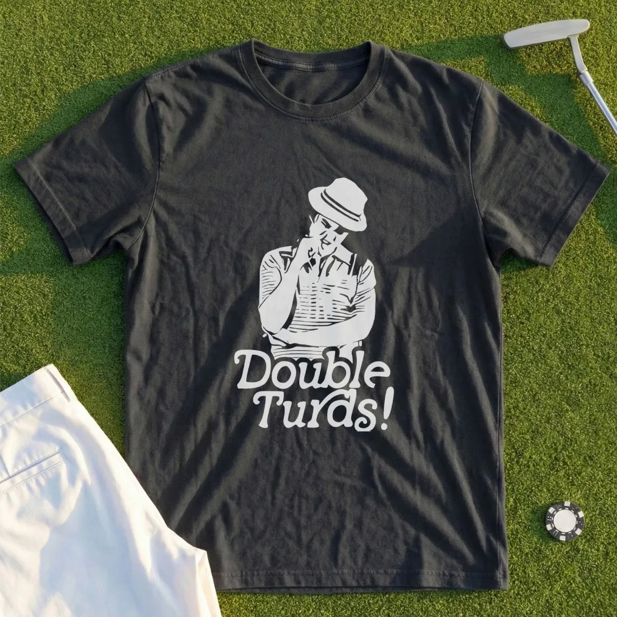 Dark t-shirt with "Double Turds!" text and a man in a hat.