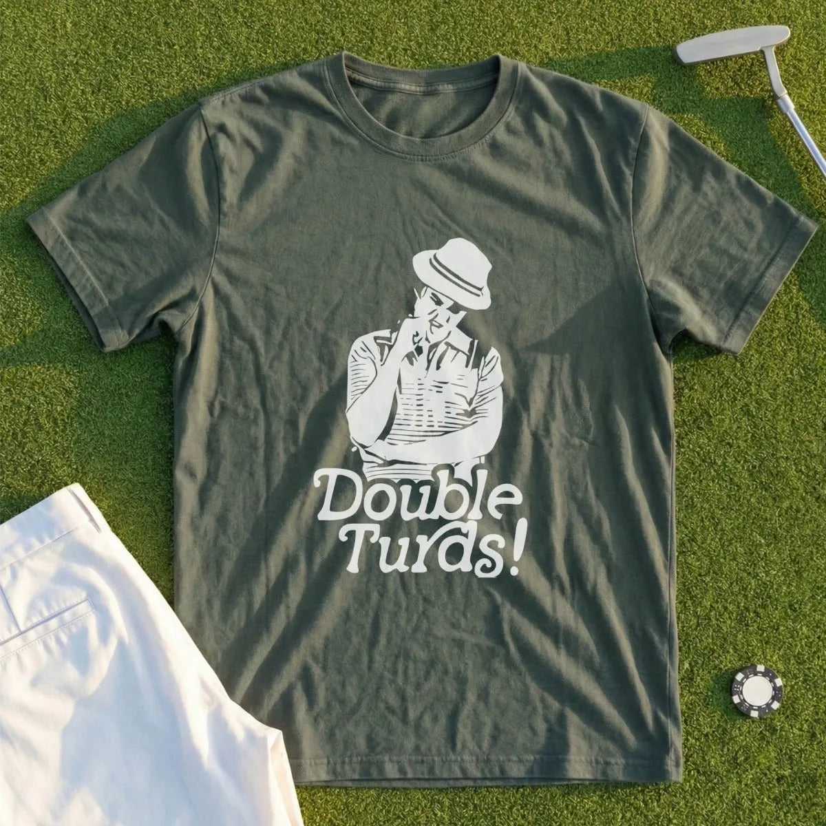 Olive green t-shirt with graphic of a man in a hat and "Double Turds!" text.