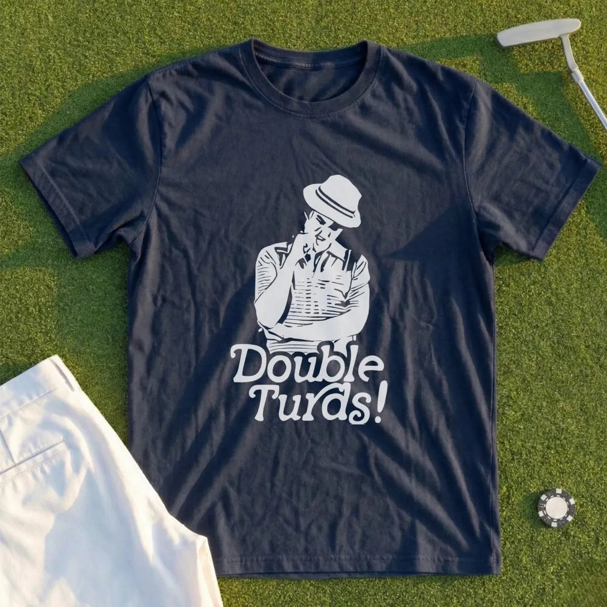Navy t-shirt with graphic of man in hat saying "Double Turds!".