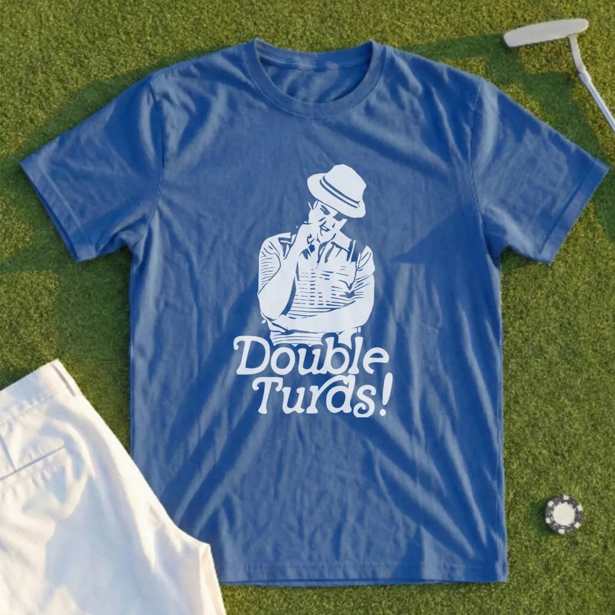 Blue t-shirt with "Double Turds!" text and graphic of a man.