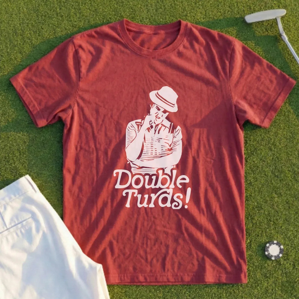 Maroon t-shirt with "Double Turds!" text and a cartoon golfer.