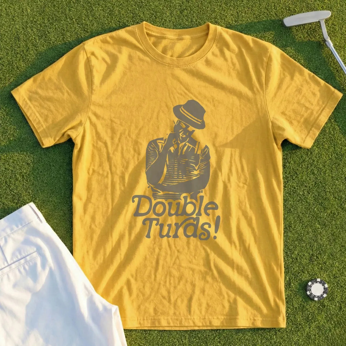 Yellow t-shirt with "Double Turds!" graphic featuring a man in a hat.