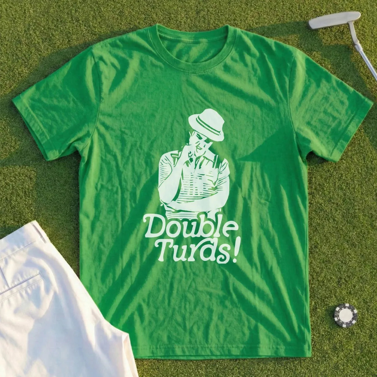 Green t-shirt with "Double Turds!" text and cartoon golfer graphic.