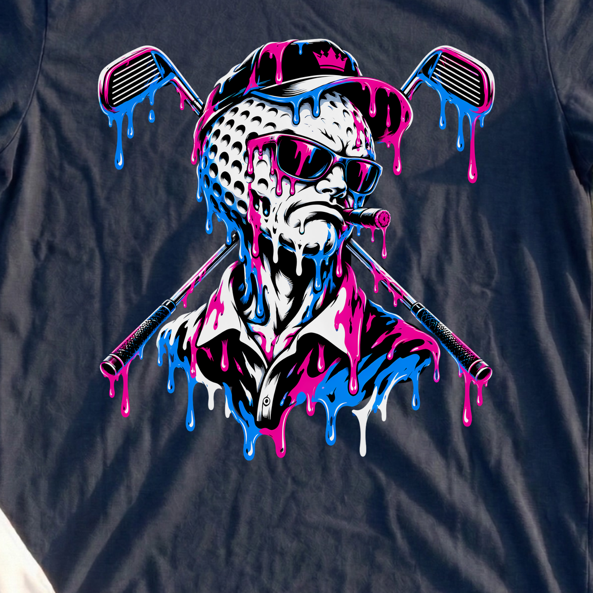 Drip Ball Boss, Crossed Irons Tee, print close-up on Navy