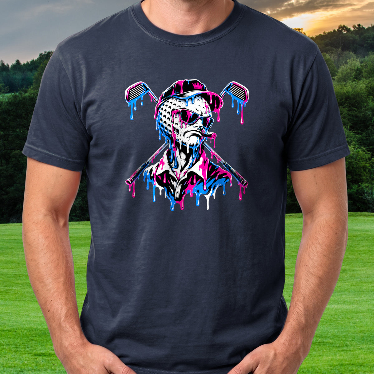 Drip Ball Boss, Crossed Irons Tee worn on the golf course, Navy