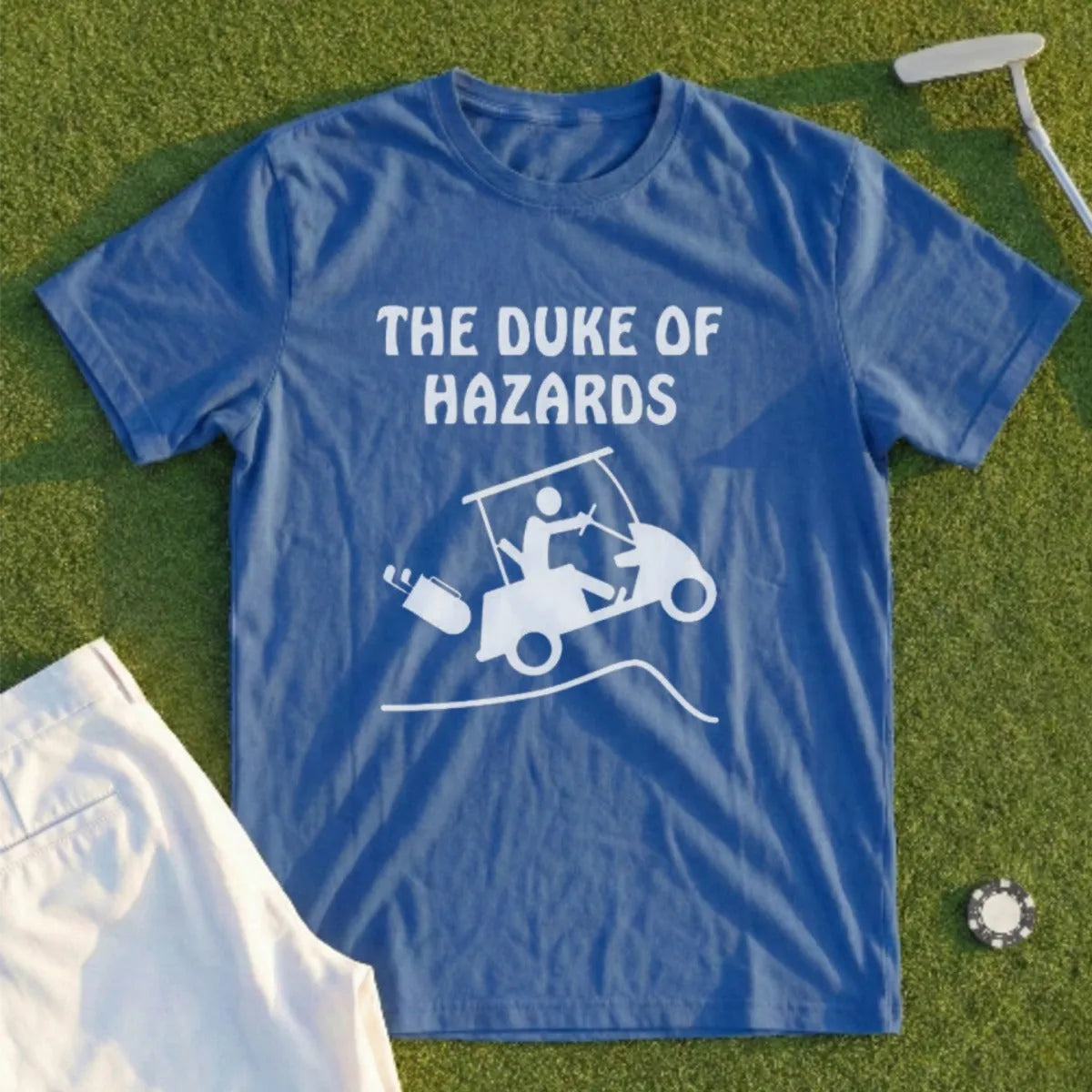 Blue t-shirt with "The Duke of Hazards" text and a golf cart graphic.