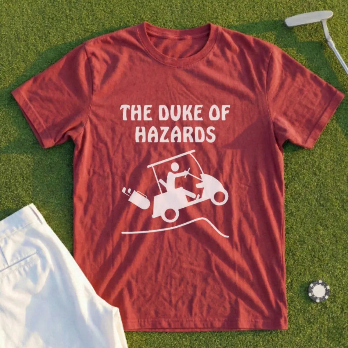 Red t-shirt with "The Duke of Hazards" and golf cart graphic.