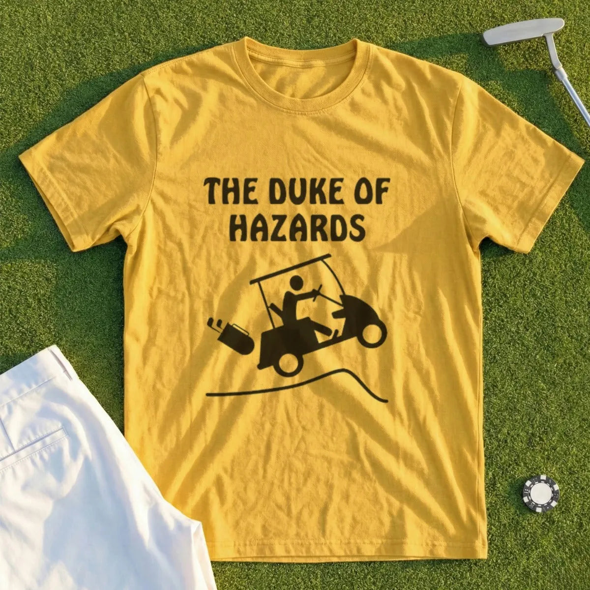 Yellow t-shirt with "The Duke of Hazards" text and golf cart graphic.