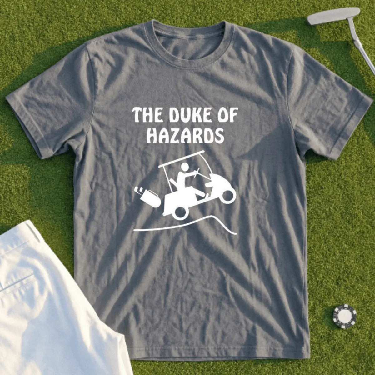 Grey t-shirt with "The Duke of Hazards" and golf cart graphic.