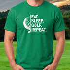 Eat Sleep Golf Tee worn on the golf course, Irish Green