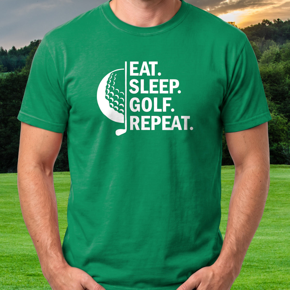 Eat Sleep Golf Tee worn on the golf course, Irish Green