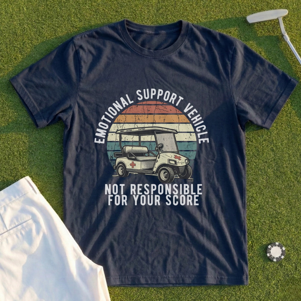 T-shirt with vintage golf cart graphic and "Emotional Support Vehicle" text.