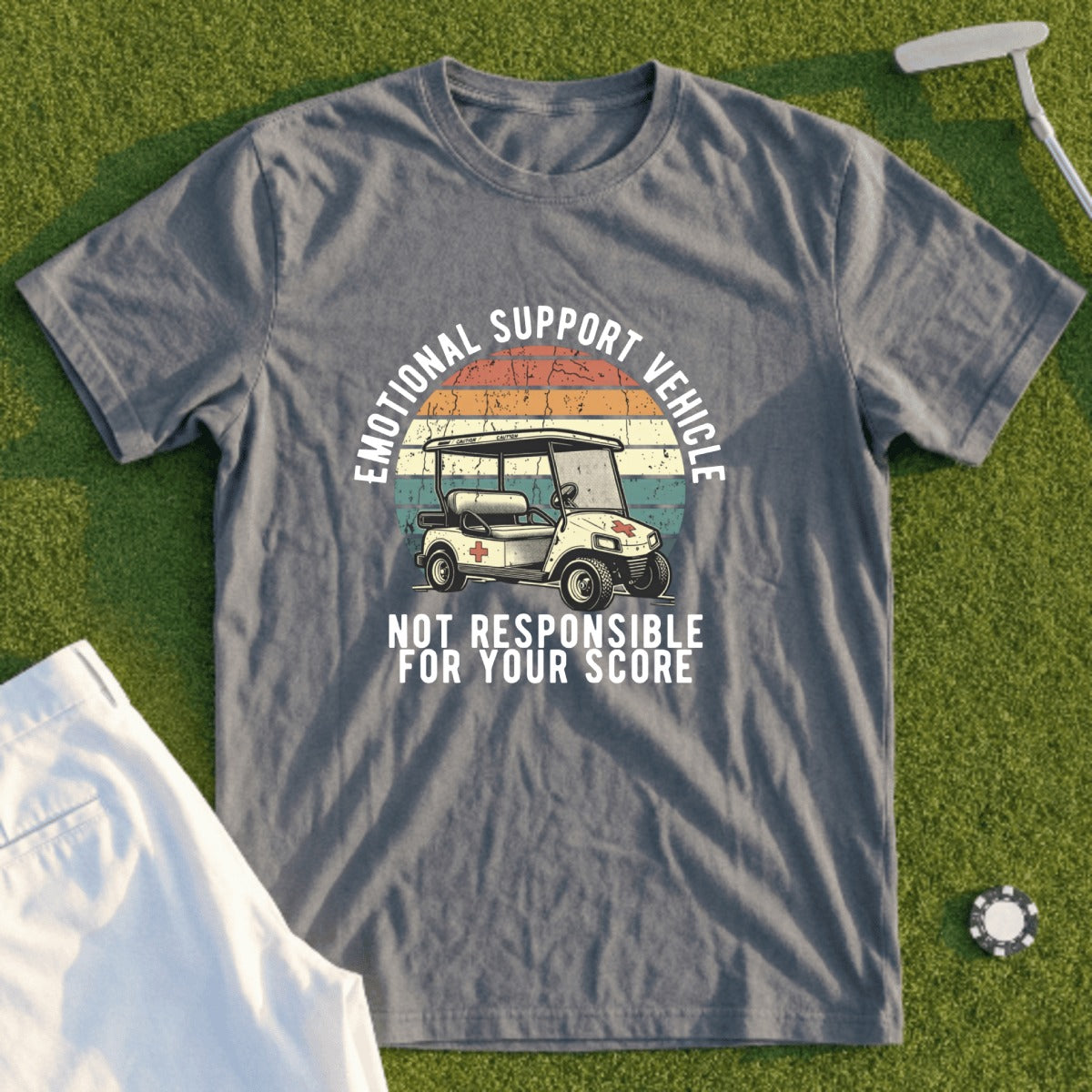 Gray t-shirt with golf cart graphic and "Emotional Support Vehicle" text.