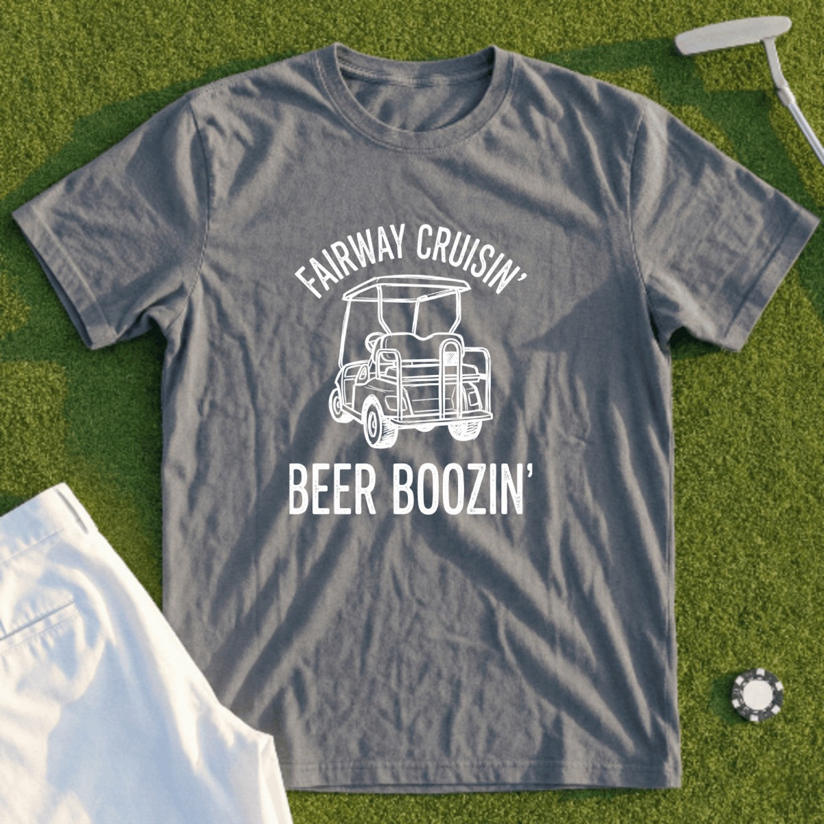 Gray t-shirt with "Fairway Cruisin' Beer Boozin'" text and golf cart graphic.