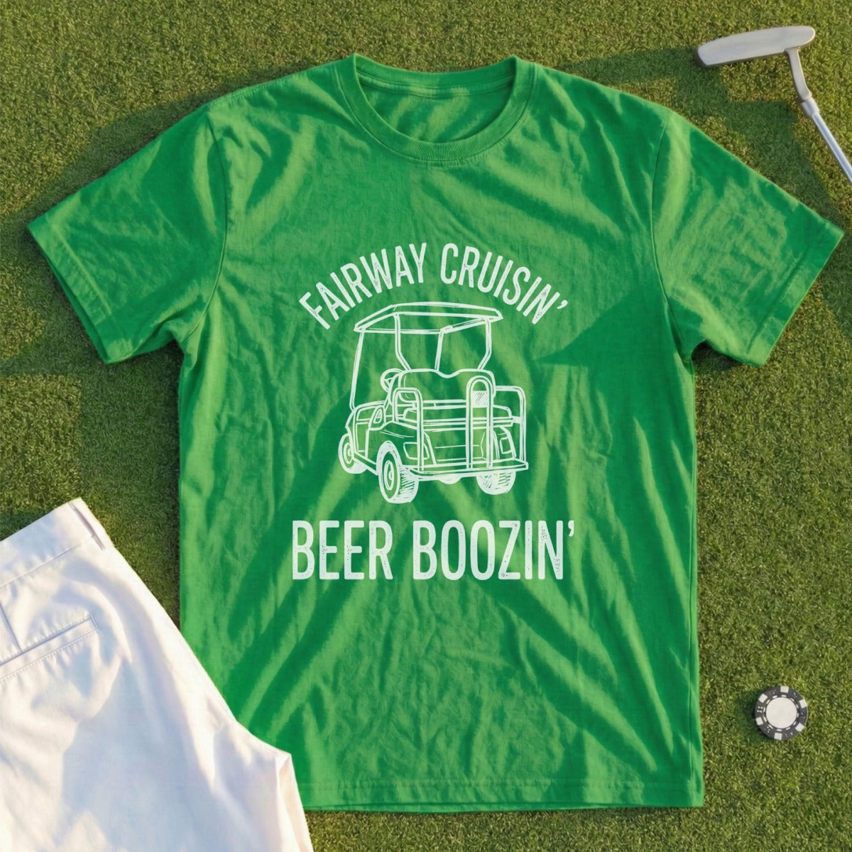 Green t-shirt with "Fairway Cruisin' Beer Boozin'" text and golf cart graphic.
