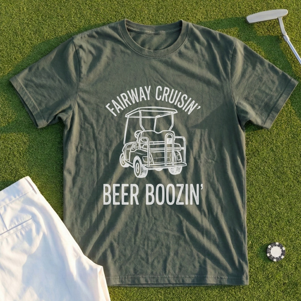 Green t-shirt with "Fairway Cruisin' Beer Boozin'" and golf cart graphic.
