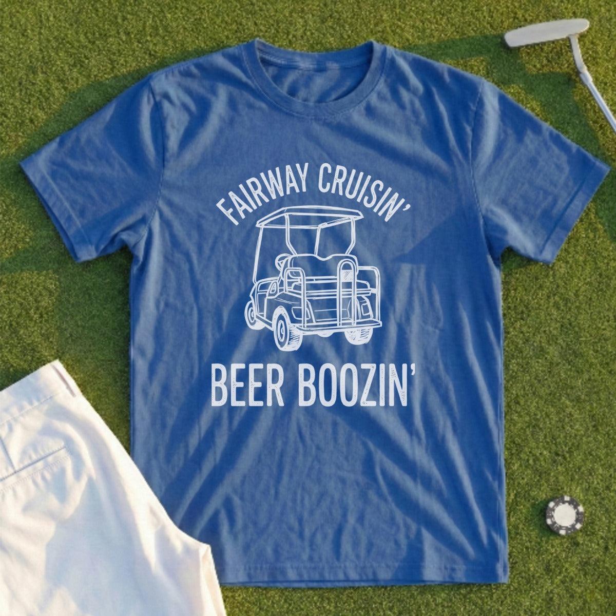 Blue t-shirt with "Fairway Cruisin' Beer Boozin'" and golf cart graphic.