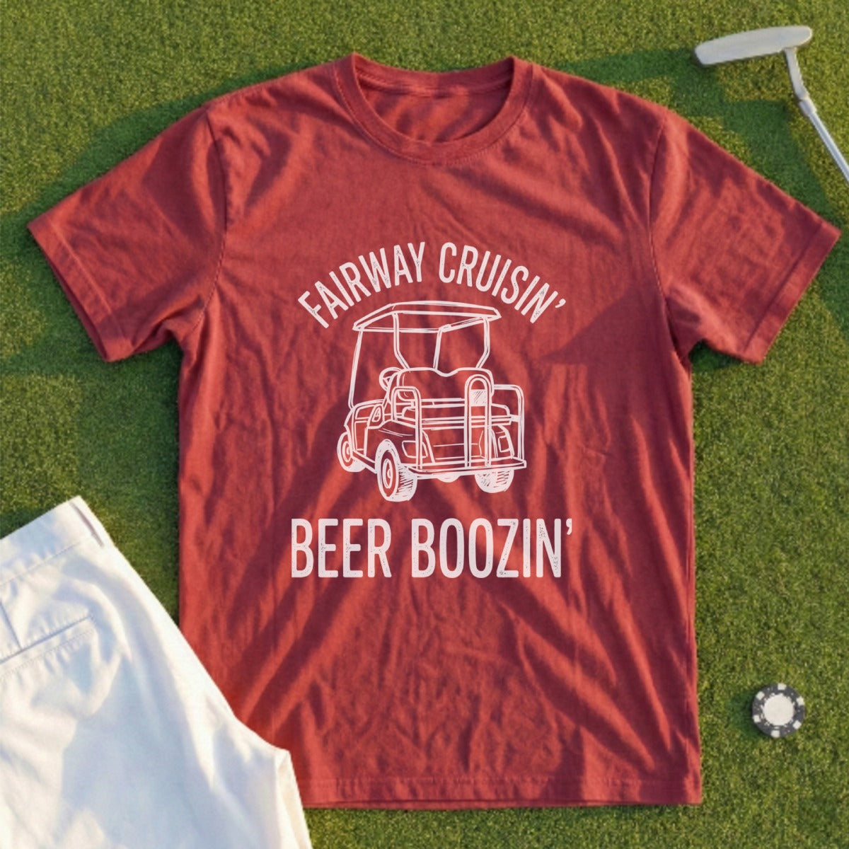 Red t-shirt with "Fairway Cruisin' Beer Boozin'" and golf cart graphic.