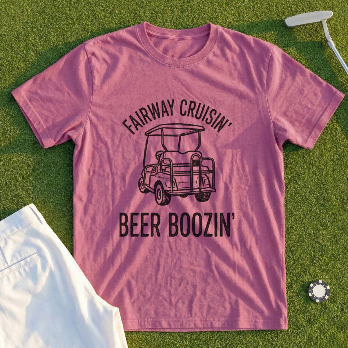 Pink t-shirt with "Fairway Cruisin' Beer Boozin'" graphic featuring a golf cart.