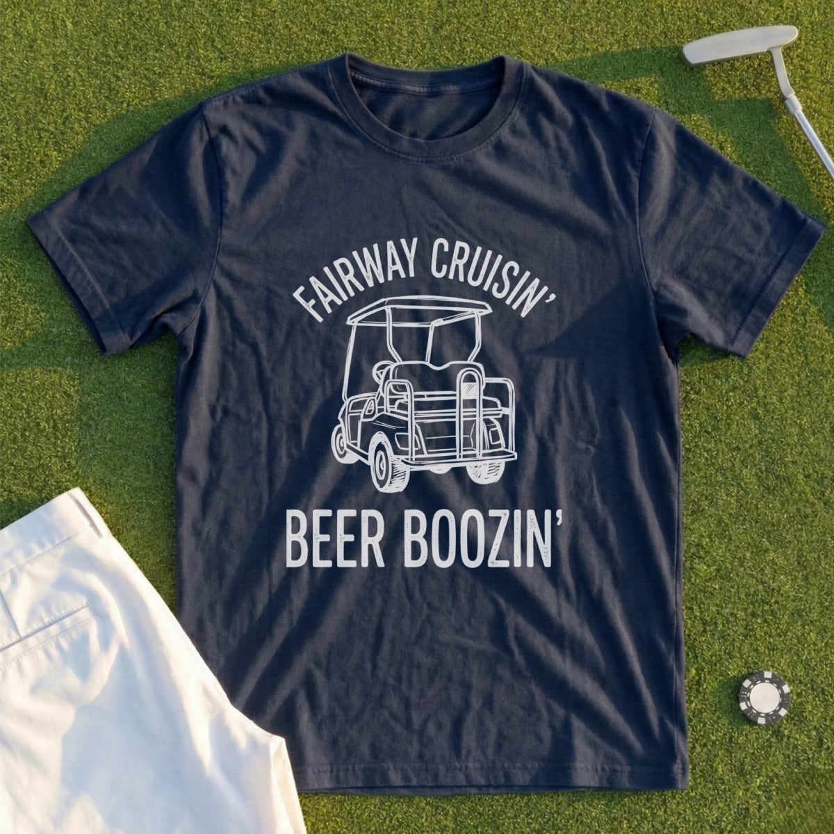 Navy t-shirt with golf cart and text "Fairway Cruisin' Beer Boozin'".