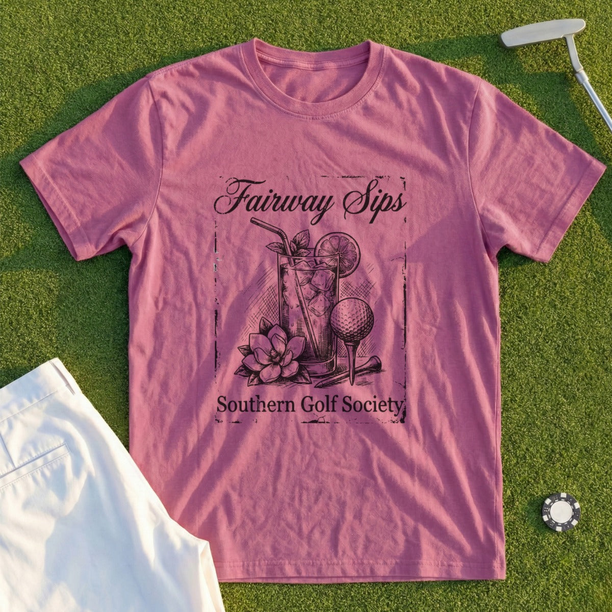 Pink t-shirt with "Fairway Sips Southern Golf Society" text and a golf ball, club, and drink illustration.