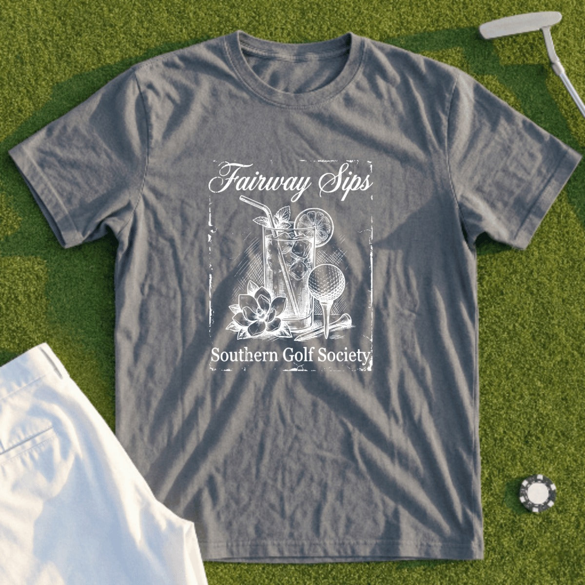 Gray t-shirt with "Fairway Sips Southern Golf Society" and a drink, golf ball, and flower graphic.