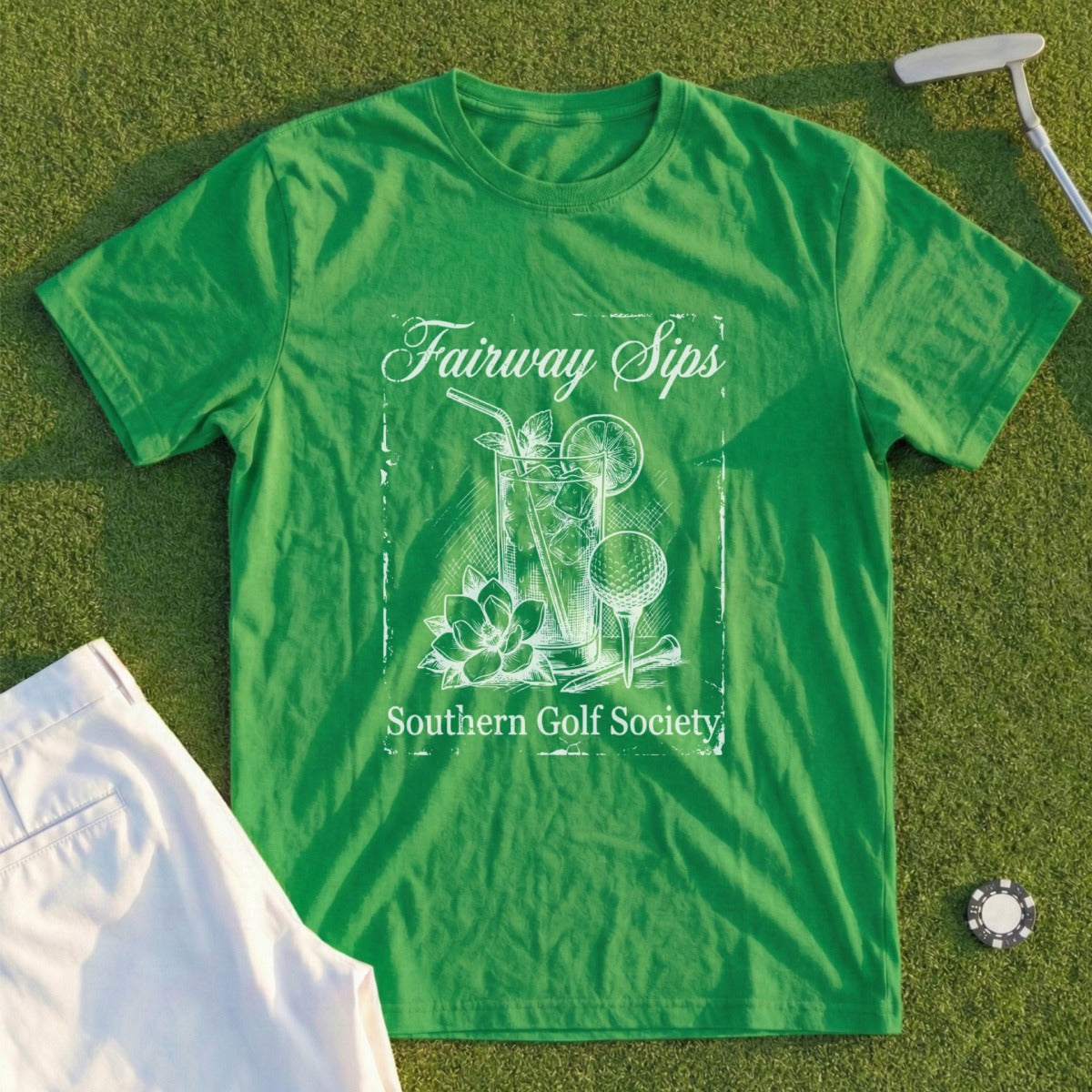 Green t-shirt with "Fairway Sips Southern Golf Society" and golf graphics.