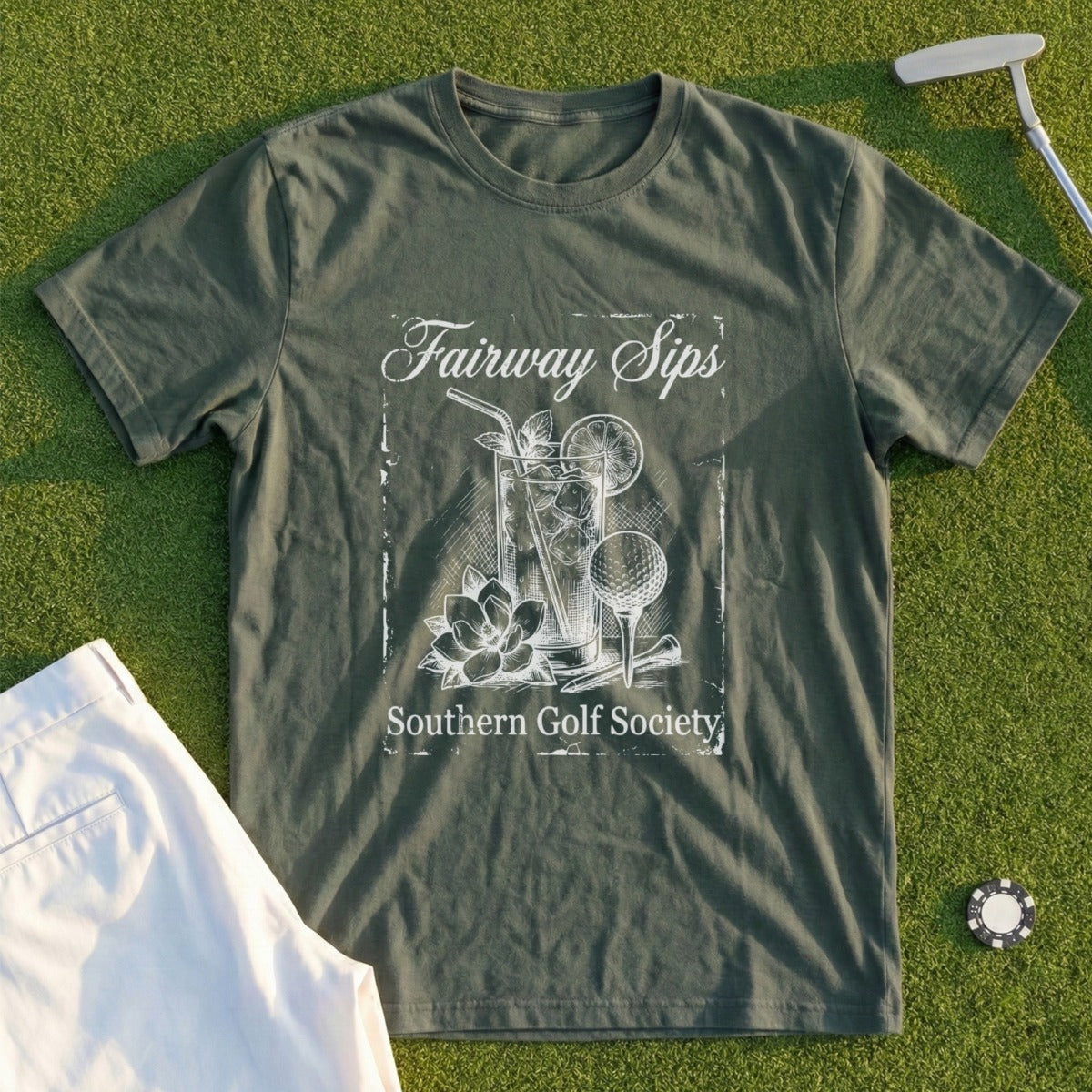 Olive green t-shirt with "Fairway Sips Southern Golf Society" text and graphic.