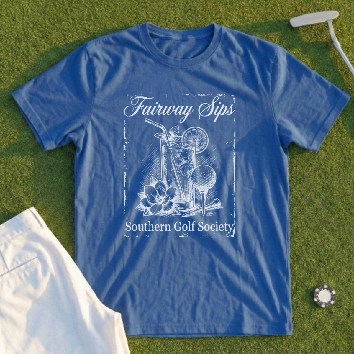 Blue t-shirt with "Fairway Sips Southern Golf Society" text and cocktail graphic.