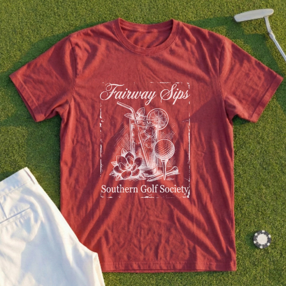 Red t-shirt with "Fairway Sips Southern Golf Society" text and golf-themed graphic.