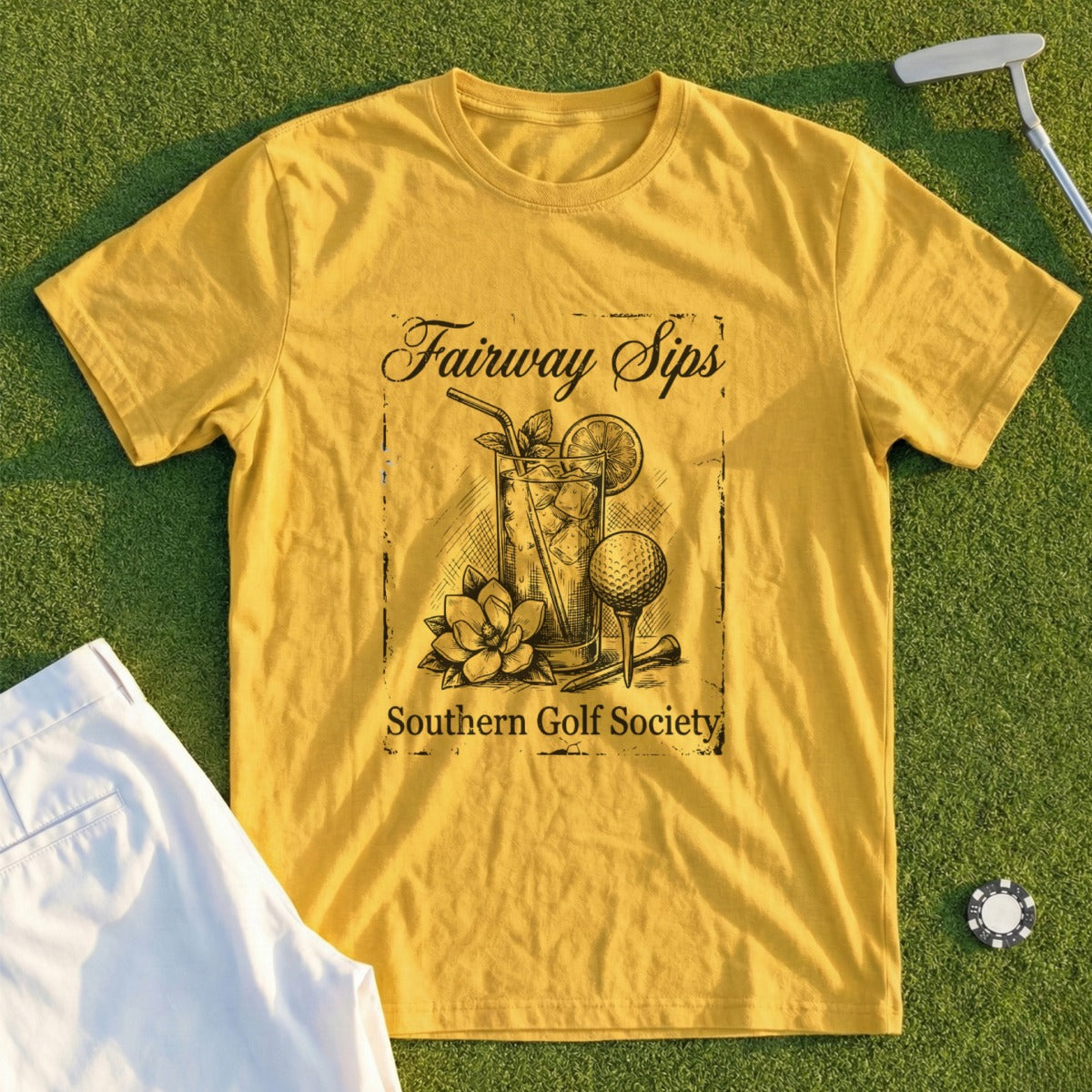Yellow t-shirt with "Fairway Sips Southern Golf Society" text and golf illustration.
