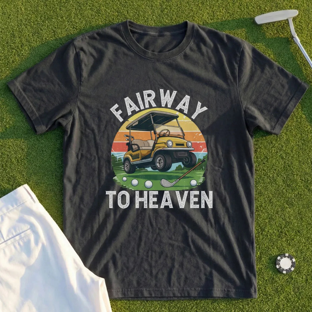 Golf cart with "FAIRWAY TO HEAVEN" text on a dark t-shirt.