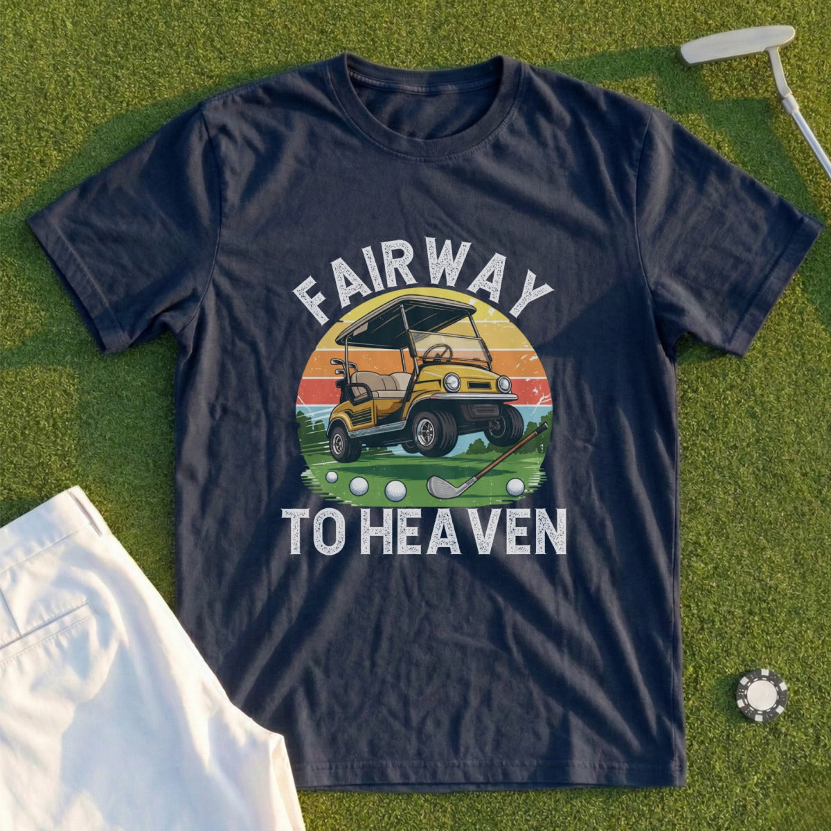 Navy t-shirt with "Fairway to Heaven" text and golf cart graphic.