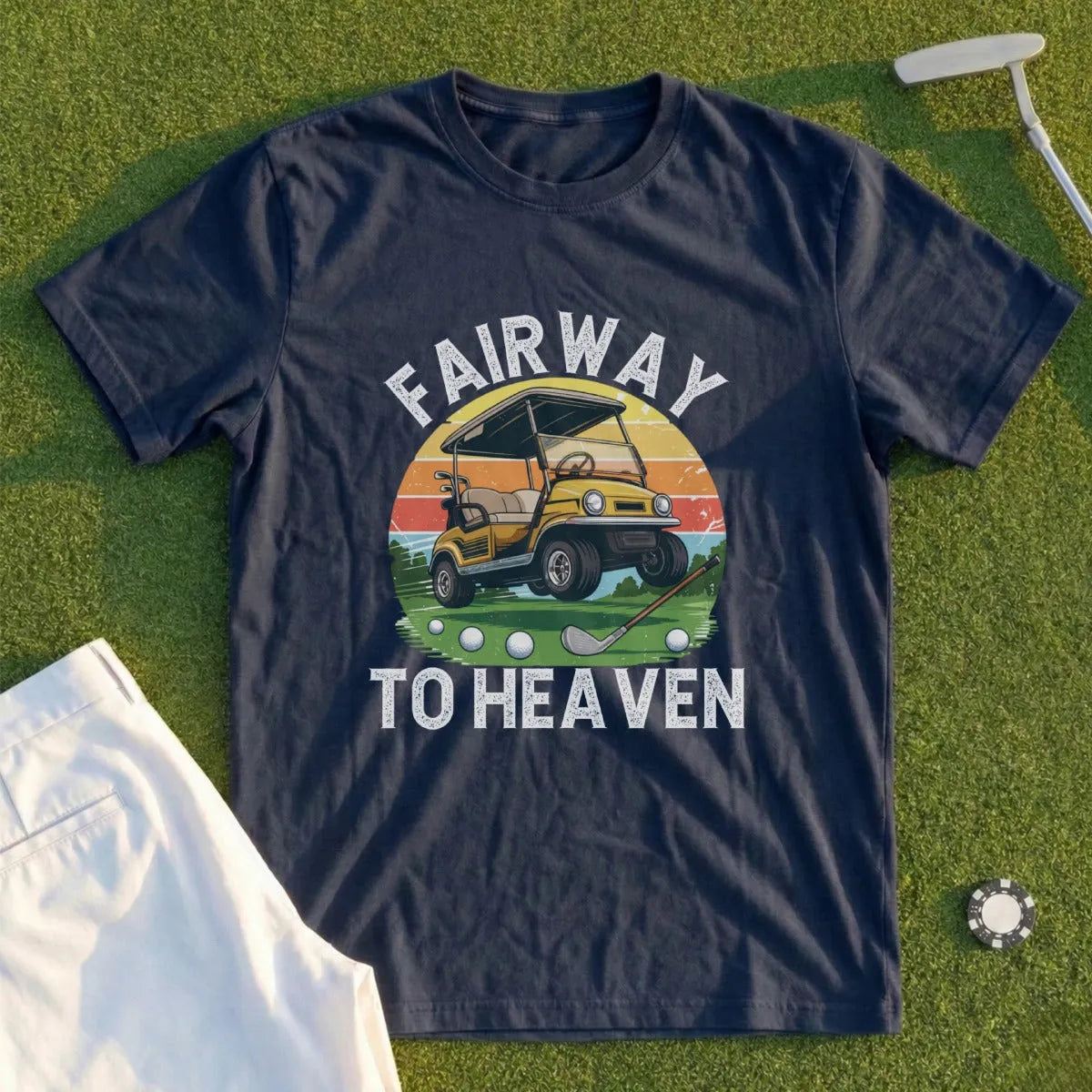 Navy t-shirt with "Fairway to Heaven" text and golf cart graphic.