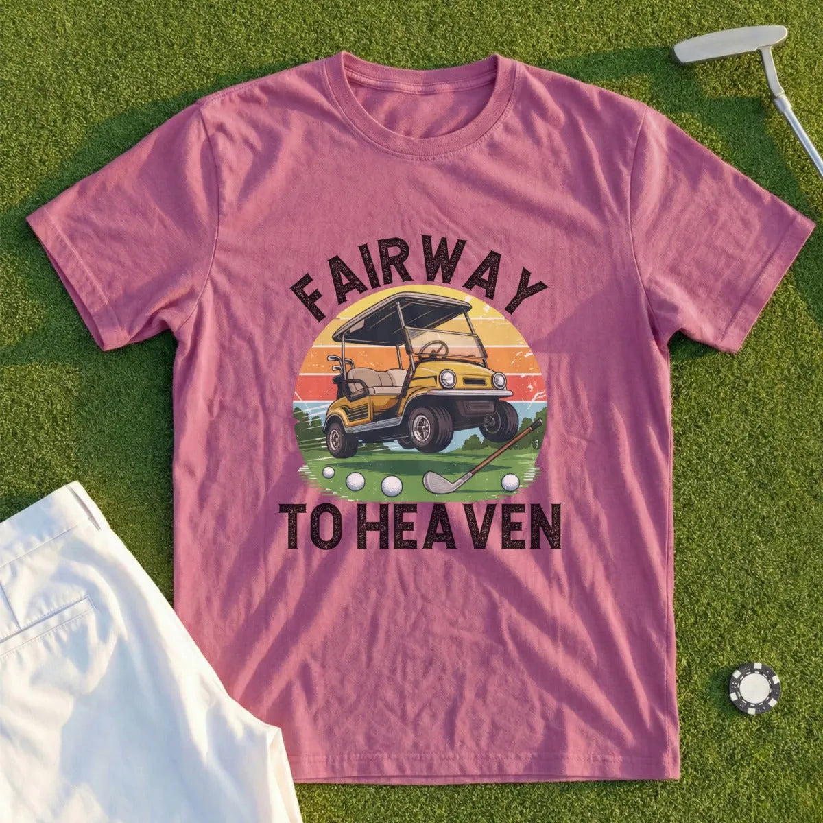 T-shirt with "Fairway to Heaven" text and golf cart graphic.